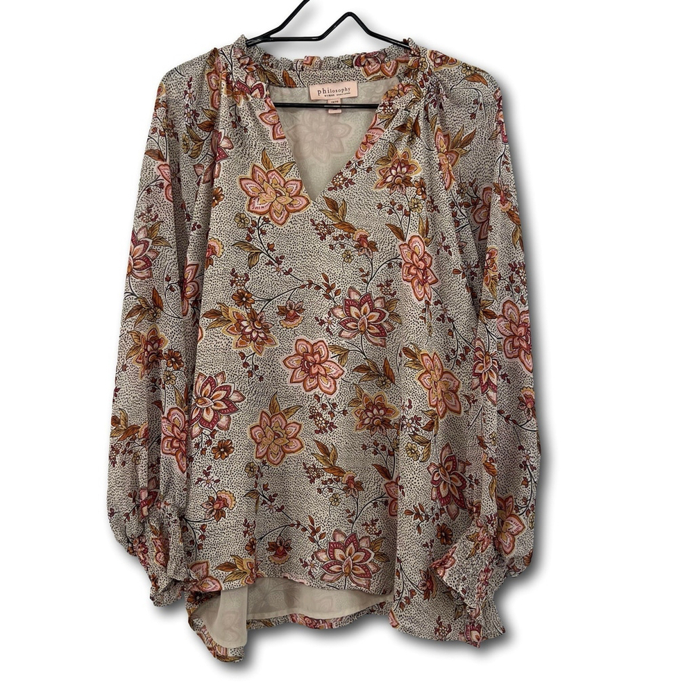 Philosophy Tunic Blouse Long Sleeve Brown Pink Floral Sheer V-Neck Woman’s 1X